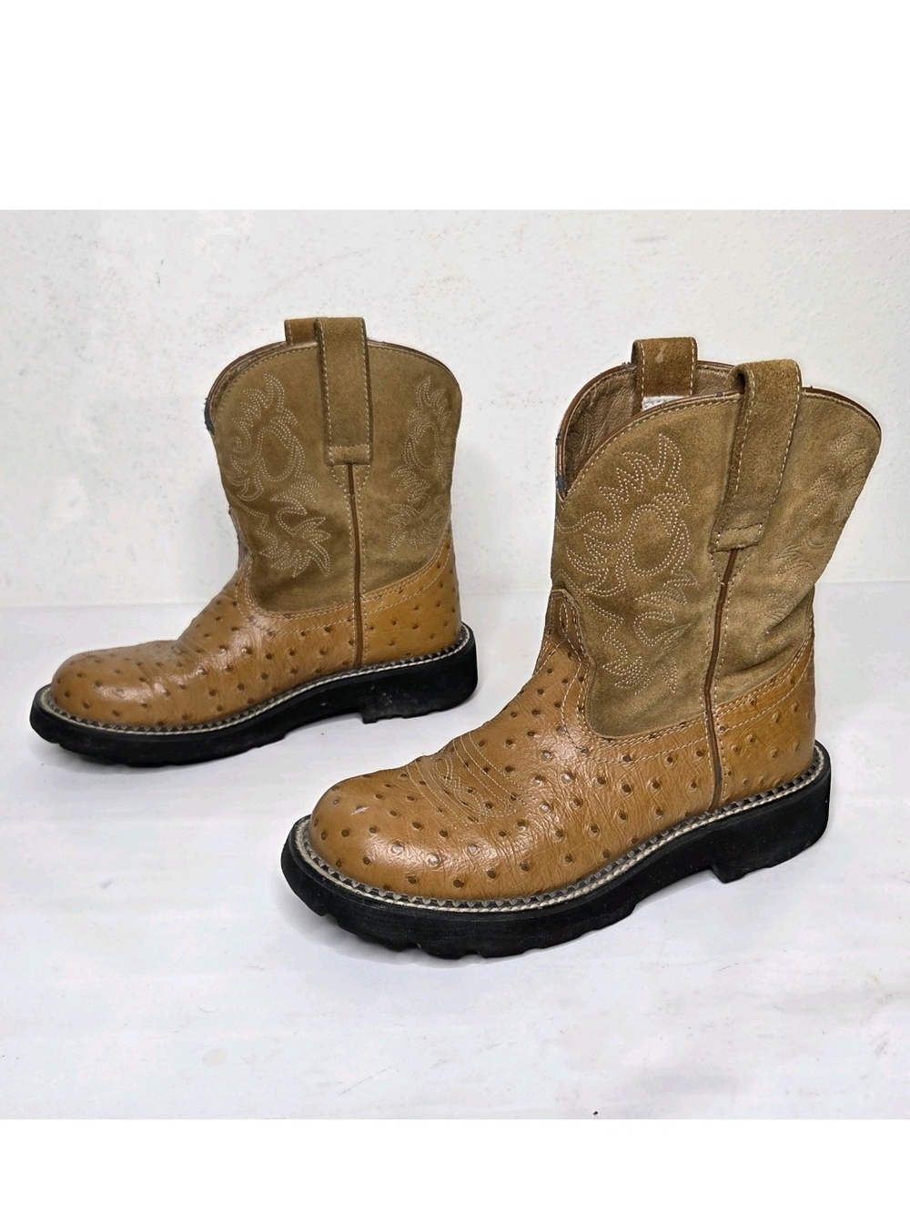 Ariat Fatbaby Ostrich Print Leather Boots Womens 7.5B Brown Western Cowgirl 4728